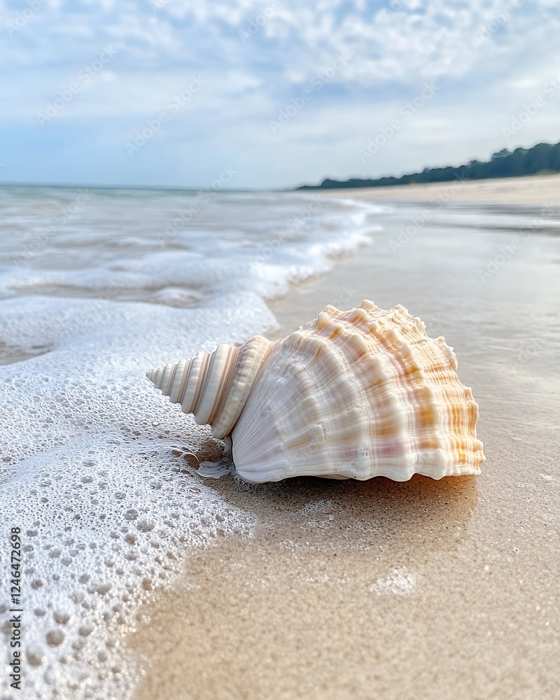 Seashell On Sand With Gentle Waves Under A Cloudy Sky At A Tranquil Beach Seashell On Sand With Gentle Waves Under A Cloudy Sky At A Tranquil Beach