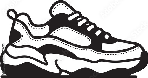 Sneakers shoe white and black color with outline. Sneaker side view flat design concept. Vector icon logo illustration