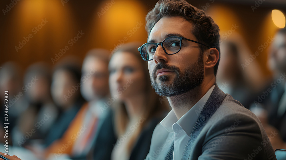 Business Meeting Attendee Looking Up with Interest in Professional Setting Business Meeting Attendee Looking Up with Interest in Professional Setting