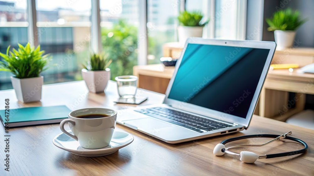 High-angle view: doctor's office, coffee, laptop, medical equipment. High-angle view: doctor's office, coffee, laptop, medical equipment.