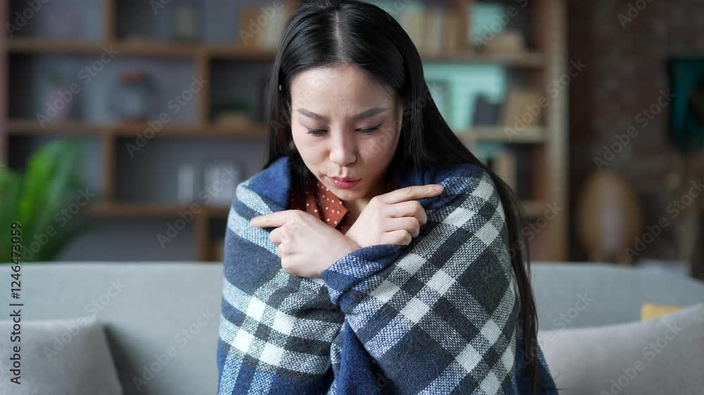 Young asian woman is frozen covered with blanket sitting on sofa in living room at home. Female is cold indoors and warms her hands by rubbing. Girl feels discomfort due to low temperature. Close up Young asian woman is frozen covered with blanket sitting on sofa in living room at home. Female is cold indoors and warms her hands by rubbing. Girl feels discomfort due to low temperature. Close up
