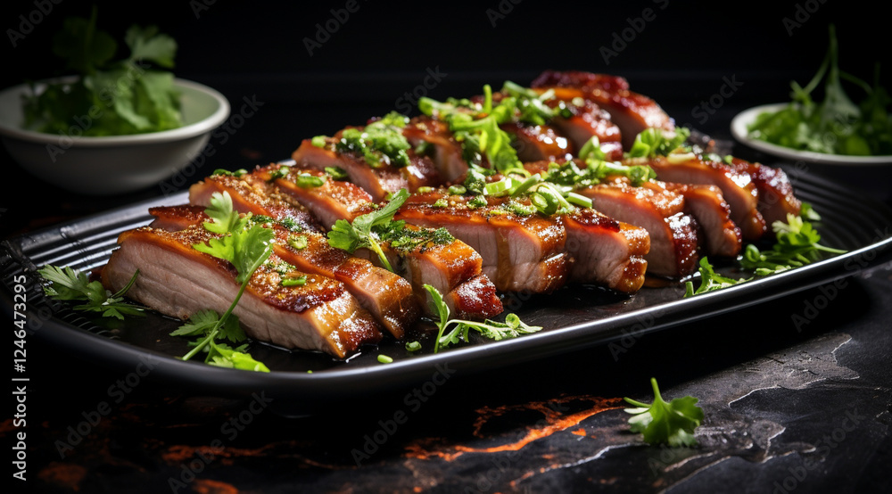 Fototapeta premium Savory Sliced Pork: Exquisite Dish on Dark Plate