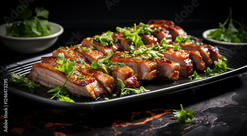 Savory Sliced Pork: Exquisite Dish on Dark Plate