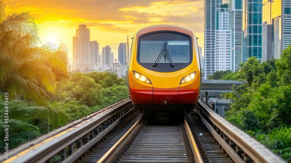 Naklejka premium Vibrant Yellow Train Traveling Along Elevated Tracks with City Skyline at Sunset