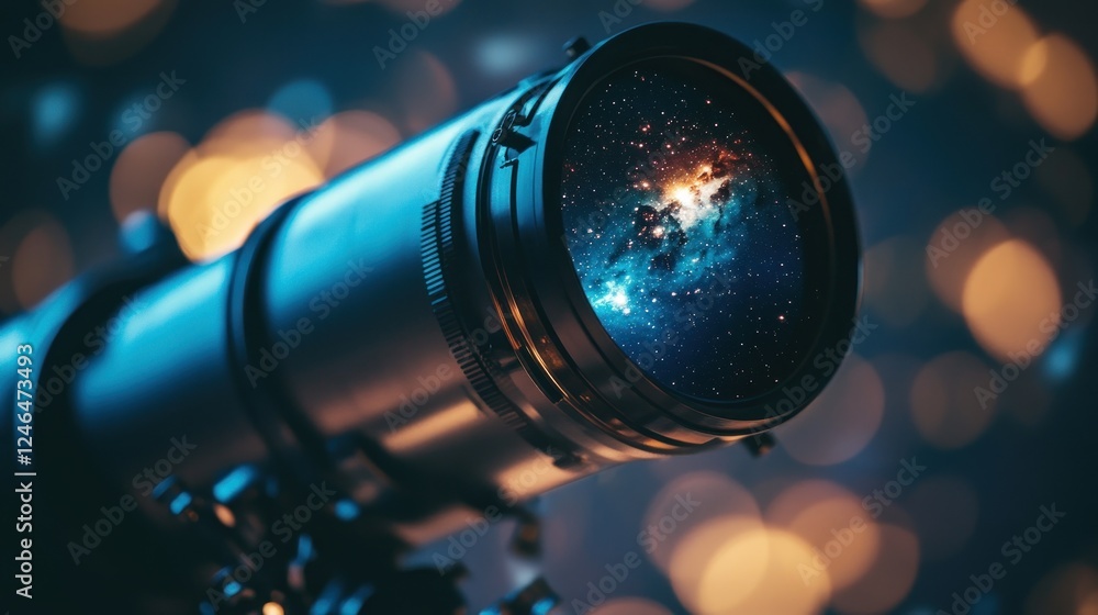 A telescope lens showcasing a vibrant cosmic scene with blurred lights in the background. A telescope lens showcasing a vibrant cosmic scene with blurred lights in the background.