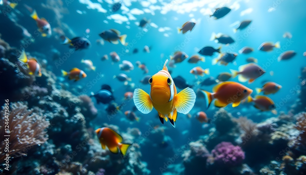 Naklejka premium Vibrant Clownfish in a Coral Reef Ecosystem, Underwater Aquatic Beauty