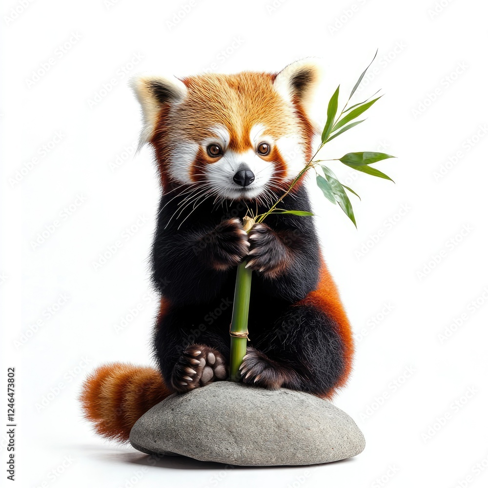 Charming red panda holding bamboo while sitting on a rock against a white surface Charming red panda holding bamboo while sitting on a rock against a white surface