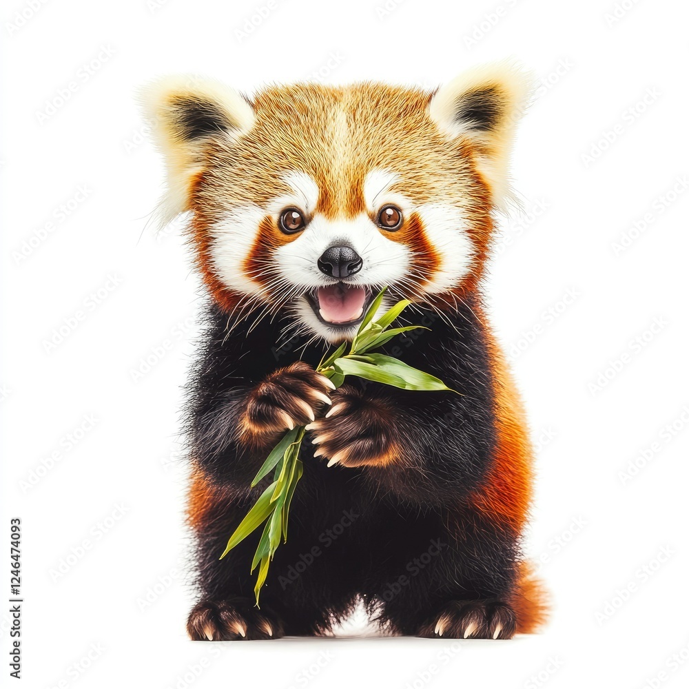 Cheerful red panda with fresh bamboo in its paws on a pristine white background Cheerful red panda with fresh bamboo in its paws on a pristine white background