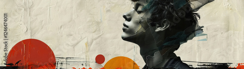 Modern art collage featuring young man created from trendy paper cutouts in abstract composition. artwork showcases vibrant colors and artistic expression