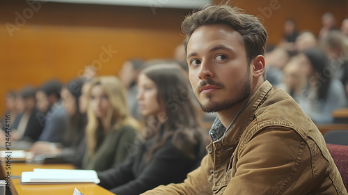 Business Meeting Attendee Looking Up with Interest in Professional Setting photo