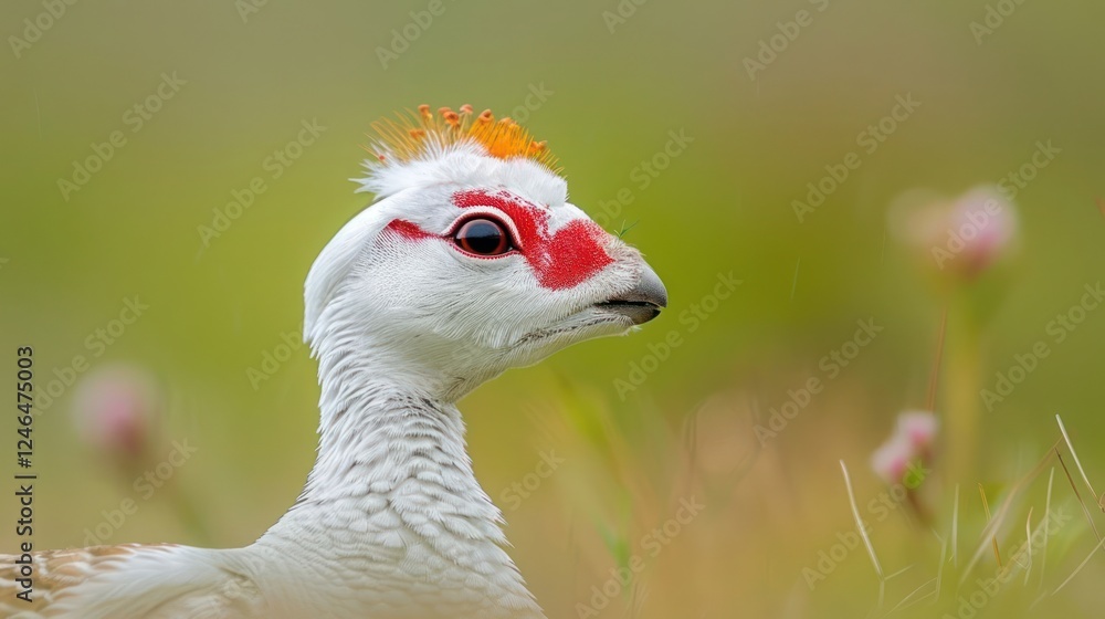 Close-up of a striking bird with vibrant facial markings in a lush green field during springtime