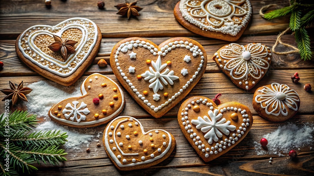 Fototapeta premium Flat lay: gingerbread hearts, a city-inspired backdrop.