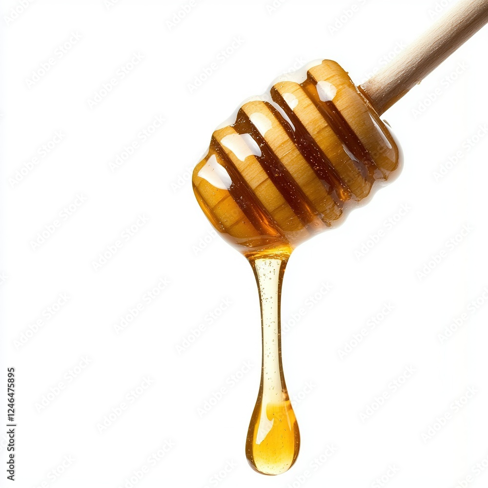 Golden honey cascading from a wooden dipper, showcasing its rich texture and sweetness against a clean white backdrop Golden honey cascading from a wooden dipper, showcasing its rich texture and sweetness against a clean white backdrop