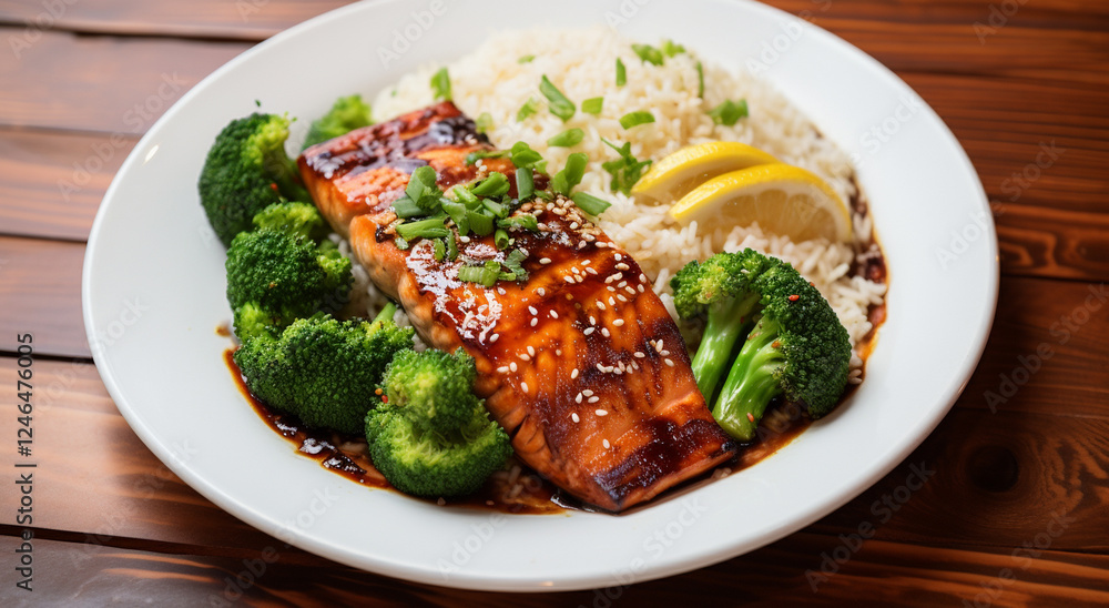 Teriyaki Salmon with Fresh Vegetables Enjoyed by Friends and Family at a Food-Filled Table Teriyaki Salmon with Fresh Vegetables Enjoyed by Friends and Family at a Food-Filled Table