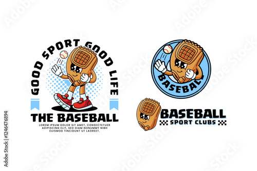 baseball gloves mitten retro cartoon character mascot illustration collection set with walking pose and throwing baseball ball for baseball softball sport club mascots and merchandise