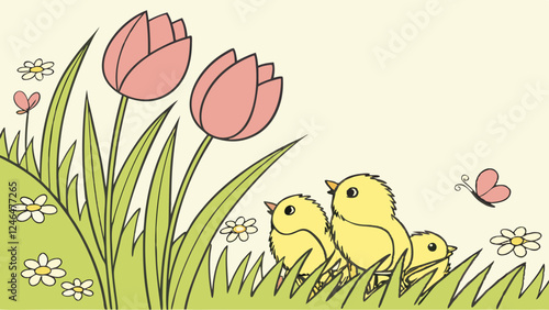  Chicks Watercolor Background, Fluffy Yellow, New Life Easter Spirit with Copy Space