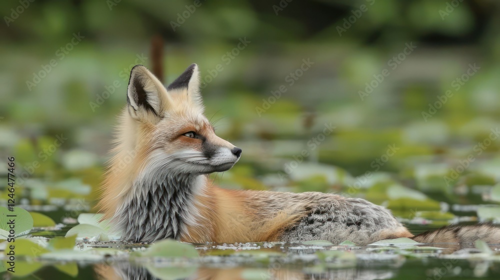 Naklejka premium A serene red fox resting on a lily pad-covered lake, surrounded by lush greenery and reflections
