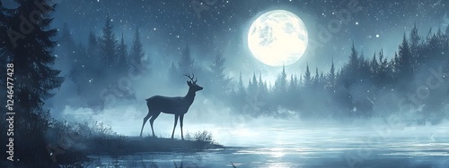 A cinematic still of the moon shining on an ethereal deer standing in front of trees
