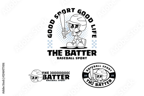 baseball helmet retro cartoon character mascot outline line art illustration set with standing pose and holding baseball bat for baseball softball sport club mascots and merchandise