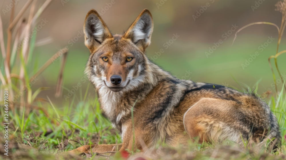 A close-up of a wild fox resting on the grass, surrounded by a blurred natural landscape A close-up of a wild fox resting on the grass, surrounded by a blurred natural landscape