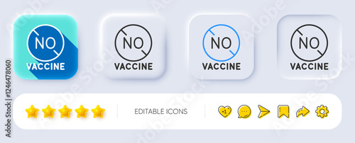 No vaccine line icon. Neumorphic, Flat shadow, 3d buttons. Coronavirus disease sign. Pandemic infection symbol. Line no vaccine icon. Social media icons. Vector