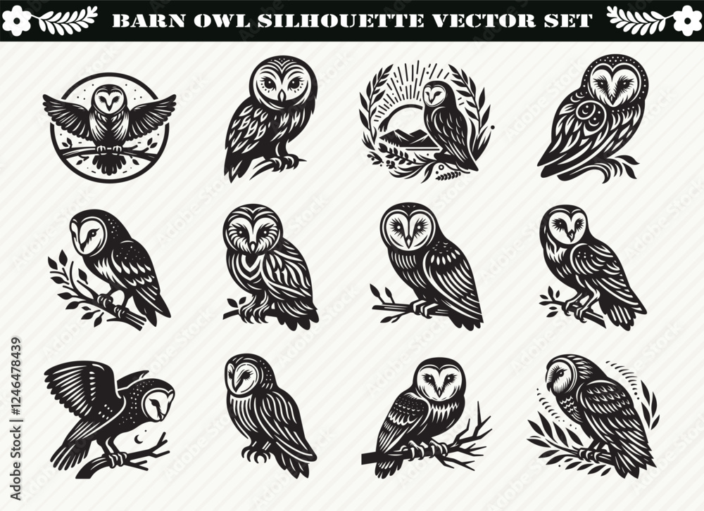 Barn Owl Silhouette Vector Set: 12 Designs for Nature-Inspired Crafts Barn Owl Silhouette Vector Set: 12 Designs for Nature-Inspired Crafts