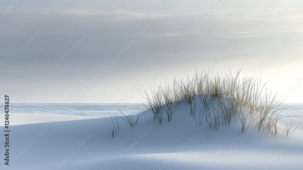 Obraz premium A peaceful winter day unfolds with soft dunes covered in pristine snow, accented by resilient grasses reaching skyward. A calm sea seamlessly meets the horizon, creating a serene atmosphere