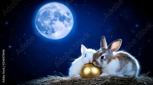 Two Cute Rabbits Cuddle Golden Egg Under Night Sky