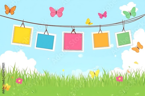 Colorful photo frames hanging on a line, perfect for spring or summer.