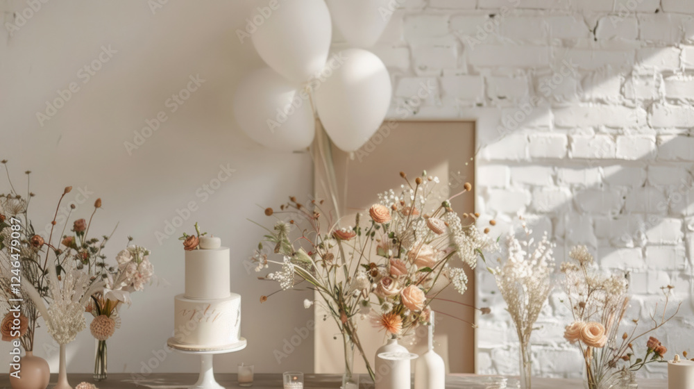 Minimalist Party celebration with clean lines, soft tones, and an uplifting message Minimalist Party celebration with clean lines, soft tones, and an uplifting message
