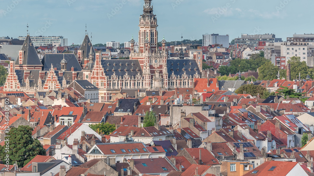 Obraz premium Aerial view of Schaerbeek Town Hall timelapse in Brussels, Belgium.