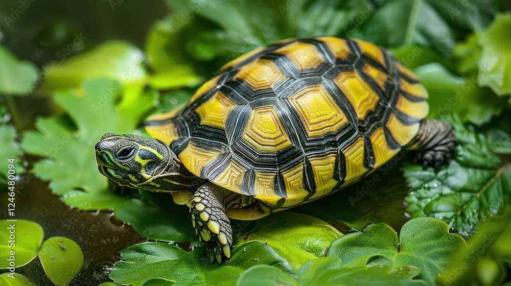 A vibrant turtle resting on lush green leaves in a serene aquatic environment A vibrant turtle resting on lush green leaves in a serene aquatic environment