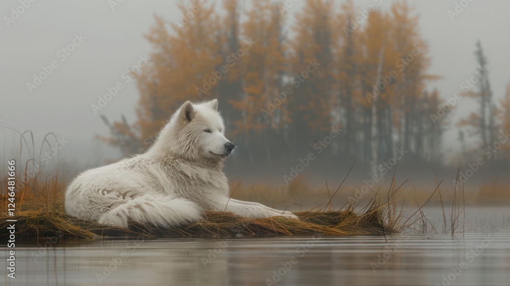 Obraz premium Serene white dog resting on a foggy lakeshore with autumn trees in the background