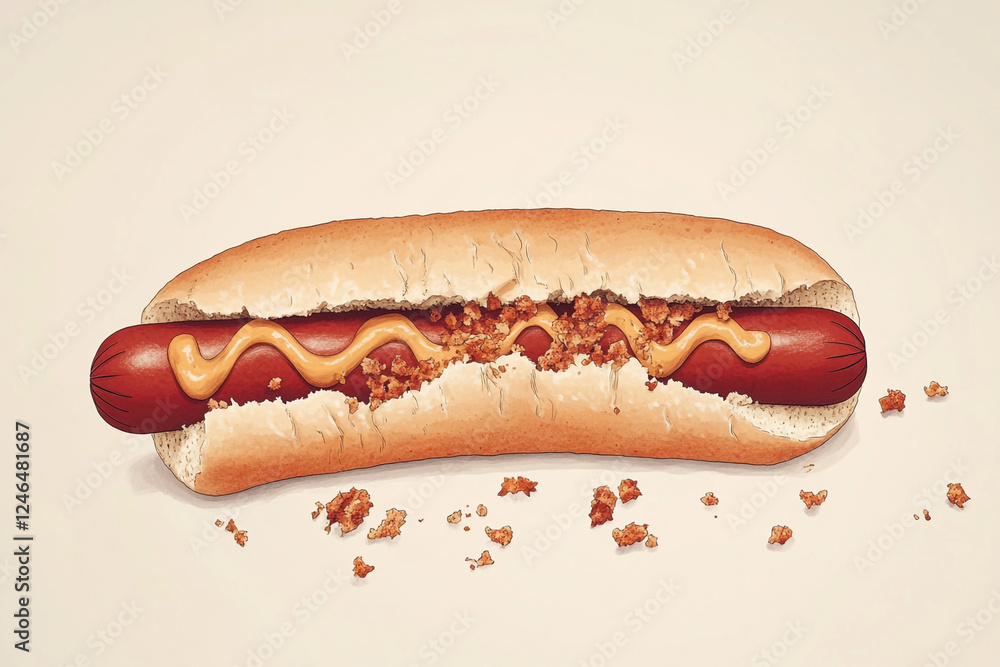 Modern illustration of a bitten hot dog with scattered crumbs Modern illustration of a bitten hot dog with scattered crumbs