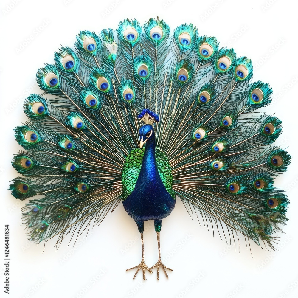 Obraz premium Iridescent peacock with shimmering feathers fanned out on a white background