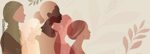 Group silhouette of multicultural women. Women s history month. International women s day. Banner copy space. Empowerment inclusion - Diversity - equality - or girl power concept