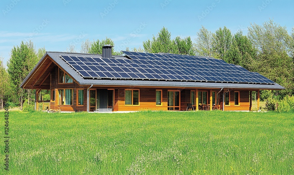Obraz premium Wooden house with solar panels in a green field, showcasing sustainable living