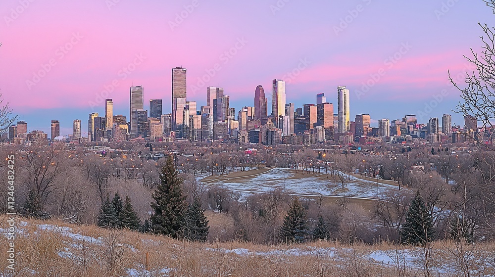 Fototapeta premium Winter sunset cityscape view from park hill