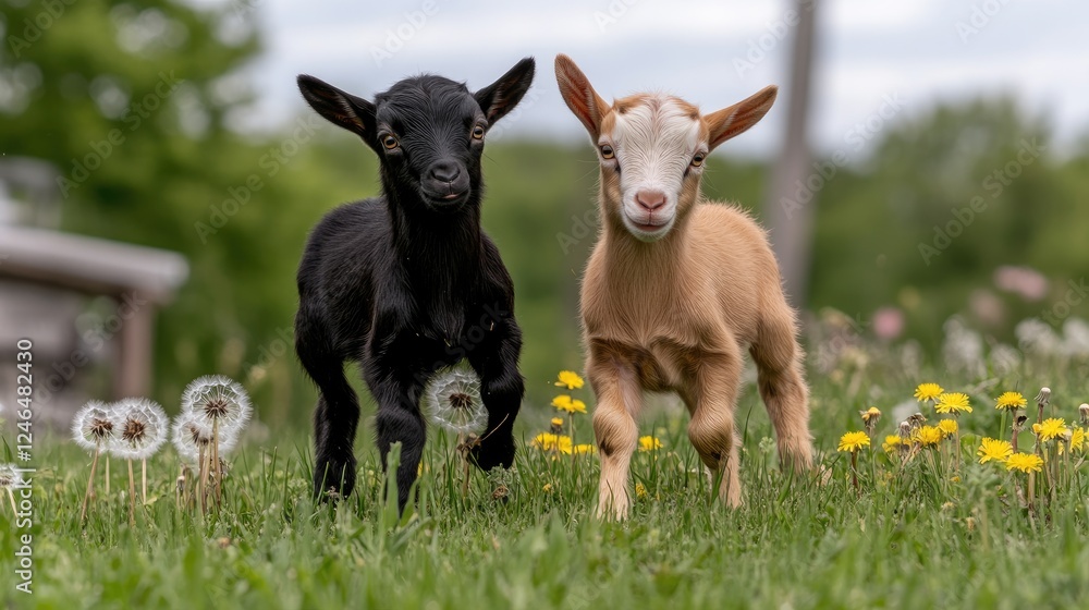 Two playful baby goats are frolicking in a sunny spring meadow, surrounded by colorful flowers and dandelions Two playful baby goats are frolicking in a sunny spring meadow, surrounded by colorful flowers and dandelions