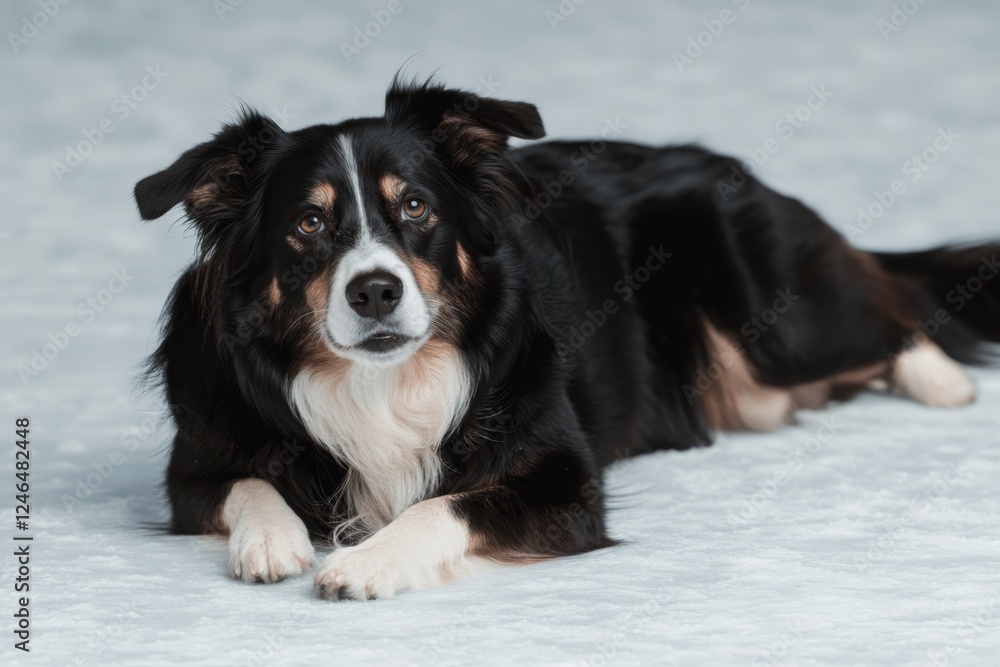 Black and white dog lying on soft surface indoors with calm expression captured in natural light Black and white dog lying on soft surface indoors with calm expression captured in natural light