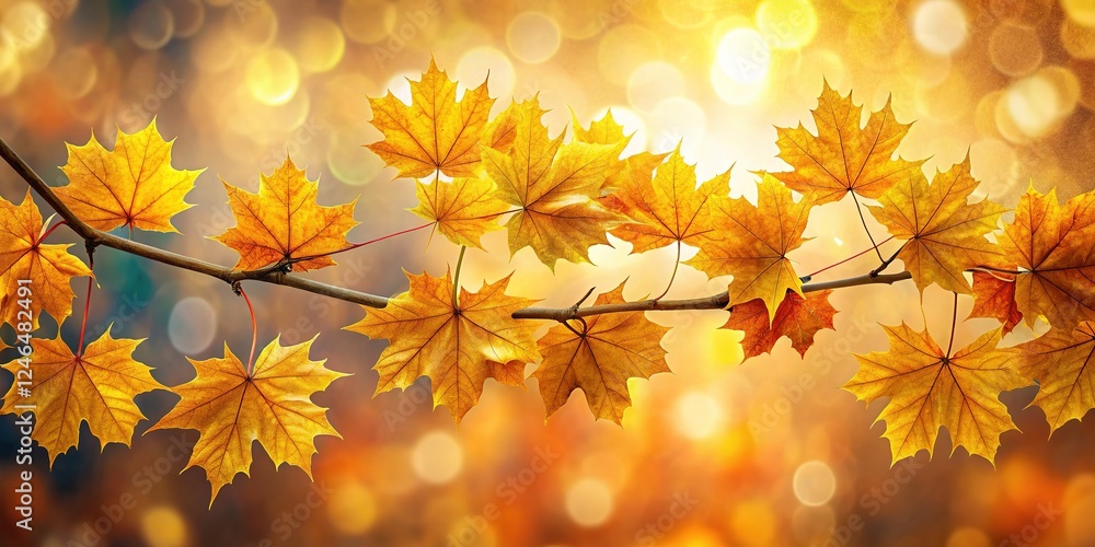 Autumnal bokeh, golden maple leaves on branches. Autumnal bokeh, golden maple leaves on branches.