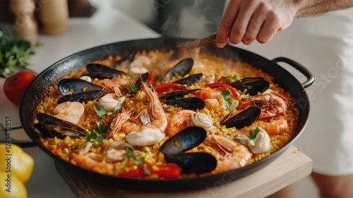 Chef preparing cooking authentic spanish mediterranean traditional food seafood paella
