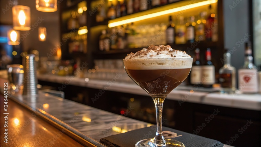 Alcoholic coffee, nutty foam, stylish bar setting. Alcoholic coffee, nutty foam, stylish bar setting.