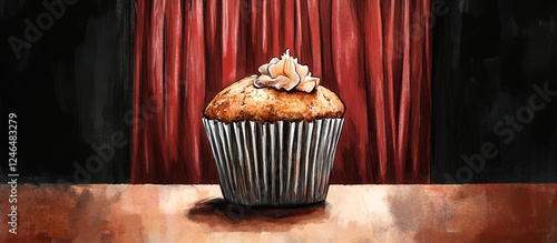 Modern sketch of a bitten muffin in a theater backdrop