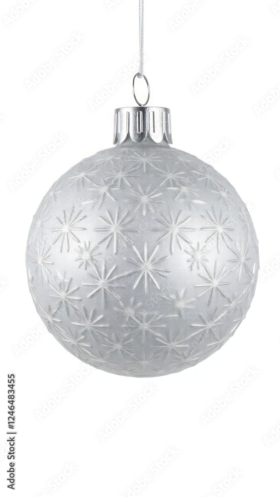 Silver frosted Christmas ornament featuring a delicate texture. Festive decoration brings a touch of winter elegance to any holiday tree or seasonal display. Isolated on white background. Silver frosted Christmas ornament featuring a delicate texture. Festive decoration brings a touch of winter elegance to any holiday tree or seasonal display. Isolated on white background.