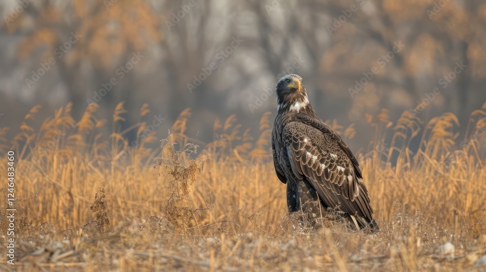 Fototapeta premium Majestic eagle stands in golden grassland, surrounded by blurred autumn foliage in background