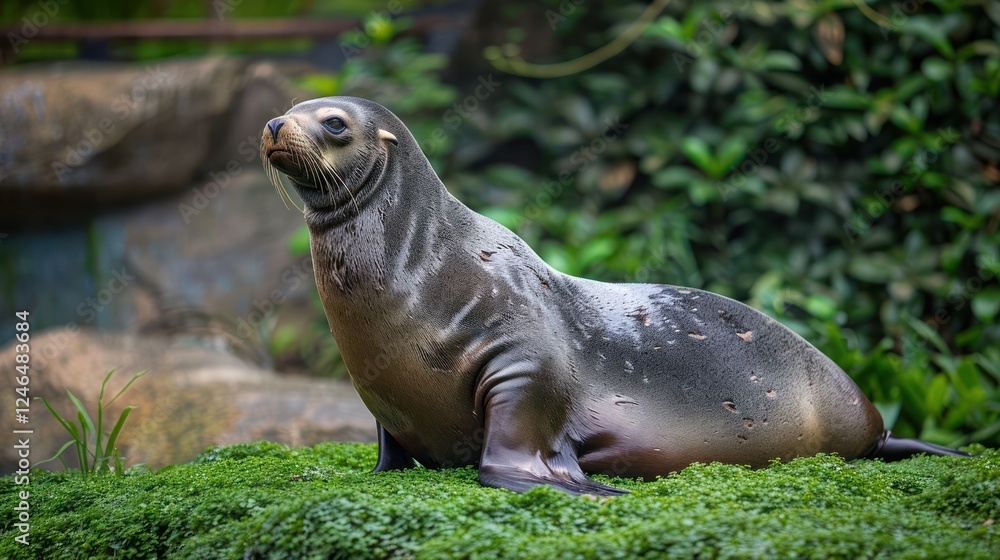 Fototapeta premium Sea lion resting on lush greenery with a natural habitat backdrop and blurred foliage