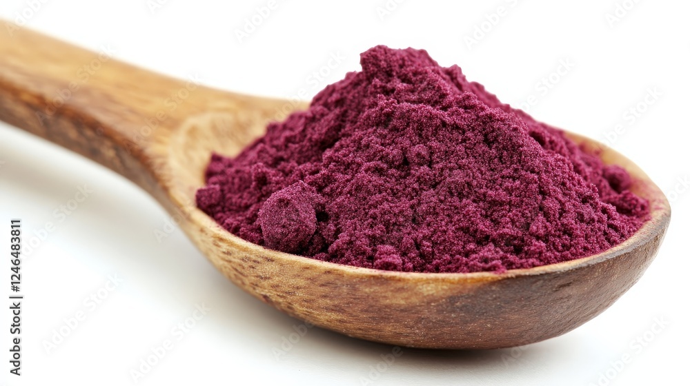 A wooden spoon holds a heap of vibrant purple powder, likely a natural food ingredient. A wooden spoon holds a heap of vibrant purple powder, likely a natural food ingredient.