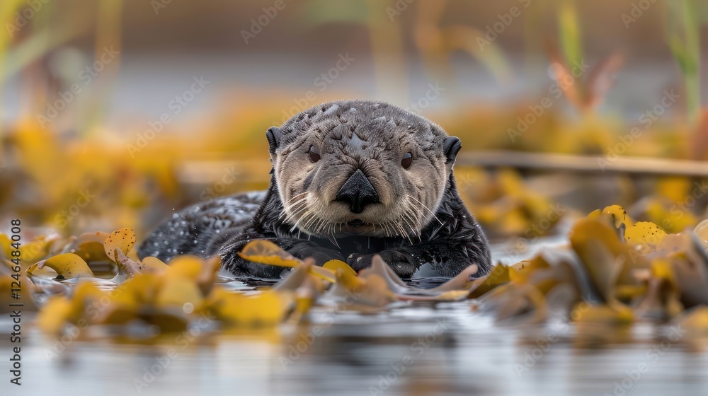 Fototapeta premium A sea otter floats serenely amidst vibrant kelp in a tranquil coastal environment