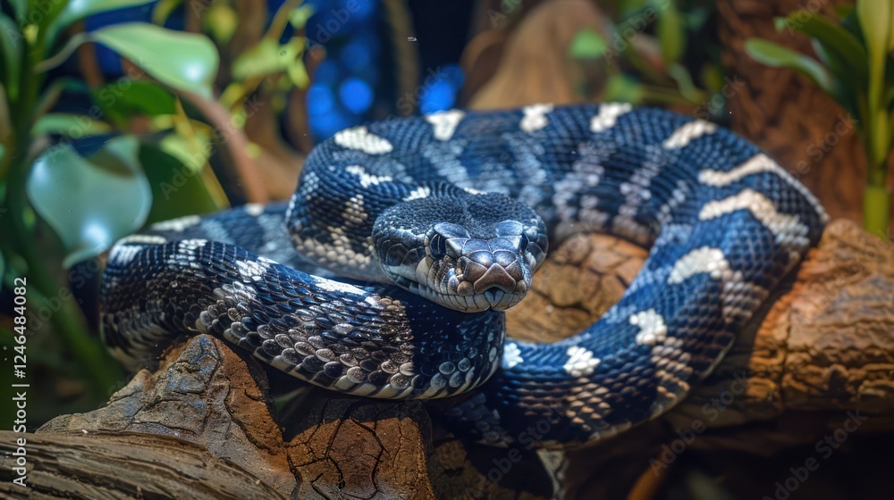 Naklejka premium Close-up of a black and white patterned snake resting on a branch surrounded by lush greenery
